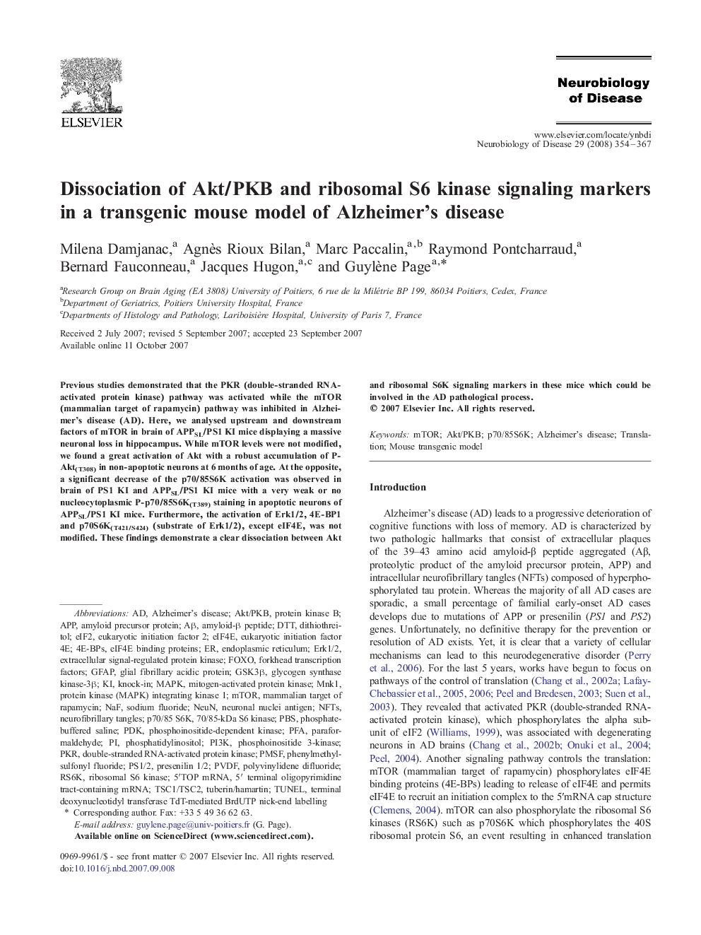 Dissociation of Akt/PKB and ribosomal S6 kinase signaling markers in a transgenic mouse model of Alzheimer’s disease