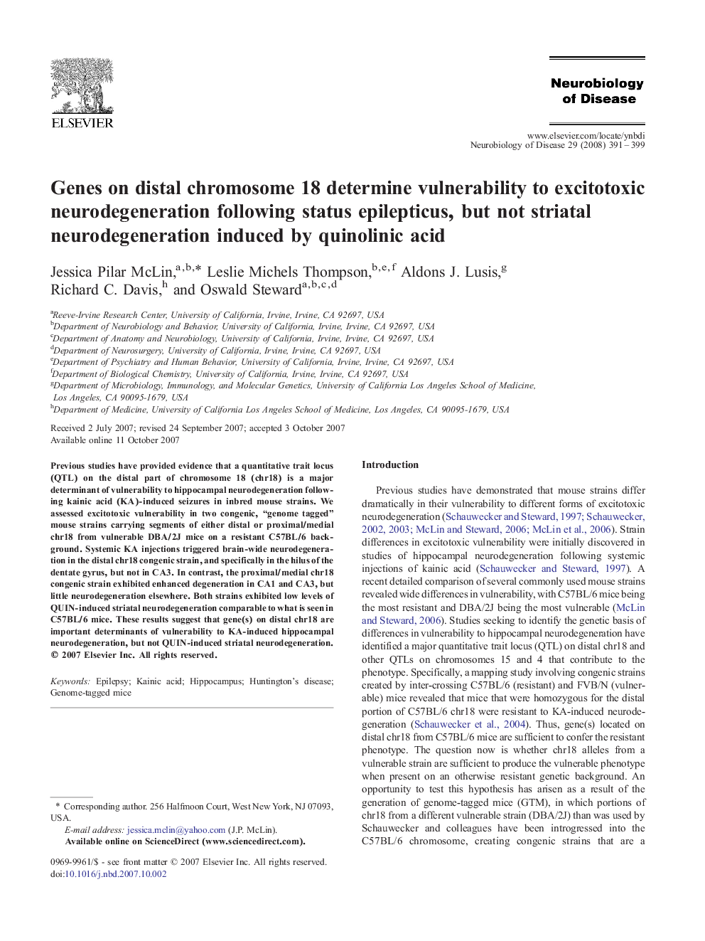 Genes on distal chromosome 18 determine vulnerability to excitotoxic neurodegeneration following status epilepticus, but not striatal neurodegeneration induced by quinolinic acid