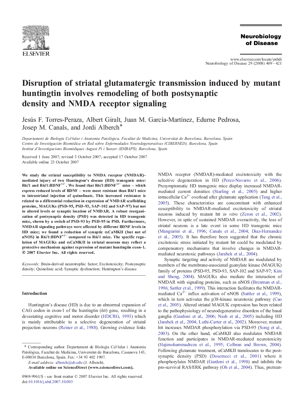 Disruption of striatal glutamatergic transmission induced by mutant huntingtin involves remodeling of both postsynaptic density and NMDA receptor signaling