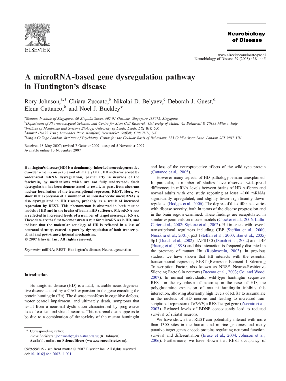 A microRNA-based gene dysregulation pathway in Huntington's disease