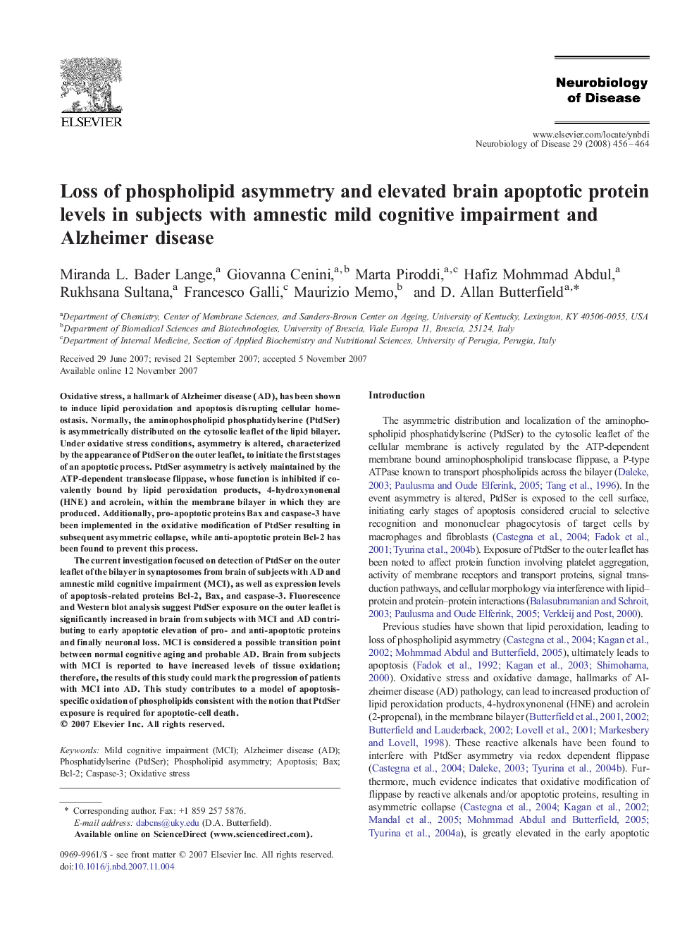 Loss of phospholipid asymmetry and elevated brain apoptotic protein levels in subjects with amnestic mild cognitive impairment and Alzheimer disease