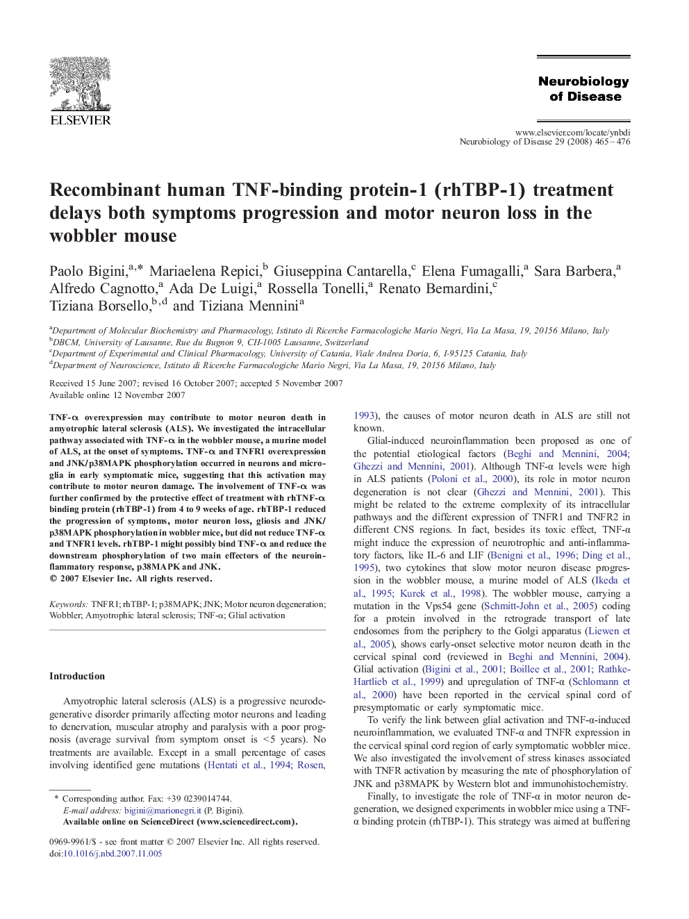 Recombinant human TNF-binding protein-1 (rhTBP-1) treatment delays both symptoms progression and motor neuron loss in the wobbler mouse