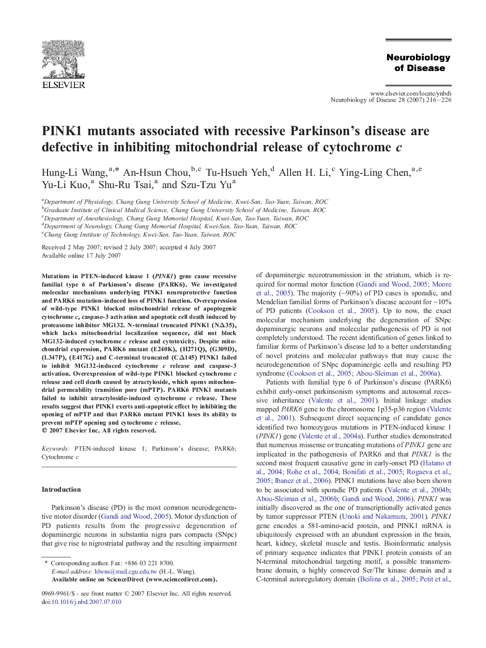 PINK1 mutants associated with recessive Parkinson’s disease are defective in inhibiting mitochondrial release of cytochrome c