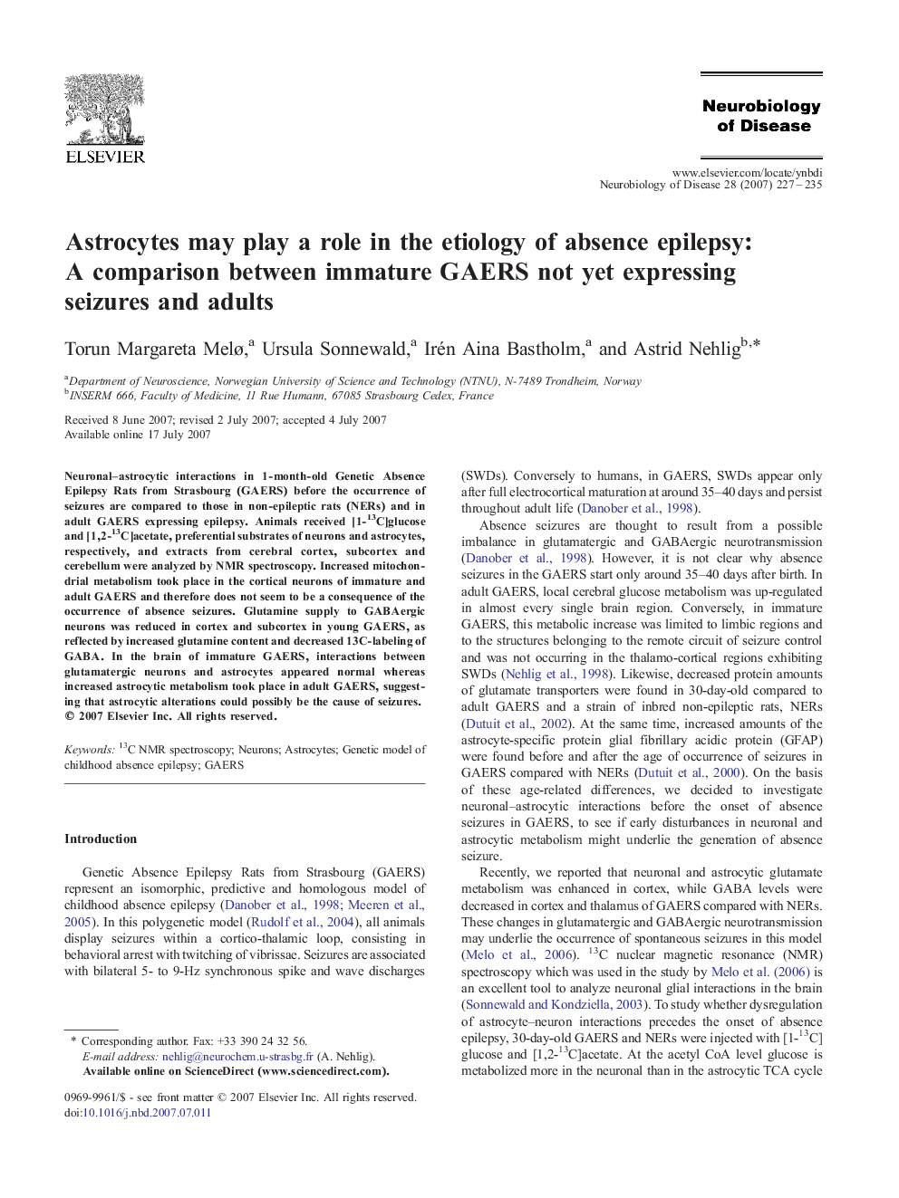 Astrocytes may play a role in the etiology of absence epilepsy: A comparison between immature GAERS not yet expressing seizures and adults