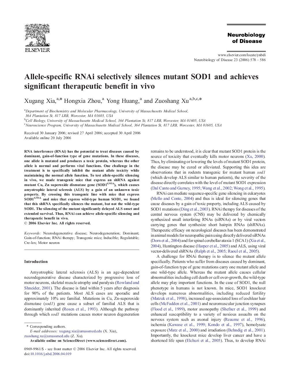 Allele-specific RNAi selectively silences mutant SOD1 and achieves significant therapeutic benefit in vivo