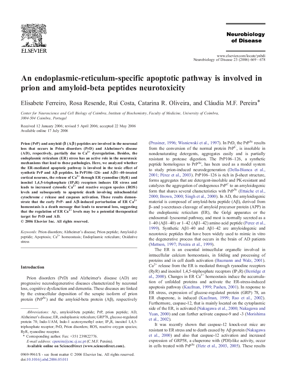 An endoplasmic-reticulum-specific apoptotic pathway is involved in prion and amyloid-beta peptides neurotoxicity