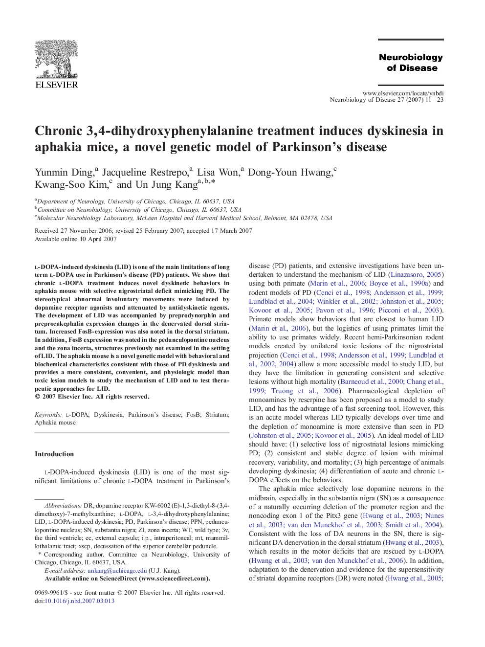 Chronic 3,4-dihydroxyphenylalanine treatment induces dyskinesia in aphakia mice, a novel genetic model of Parkinson’s disease