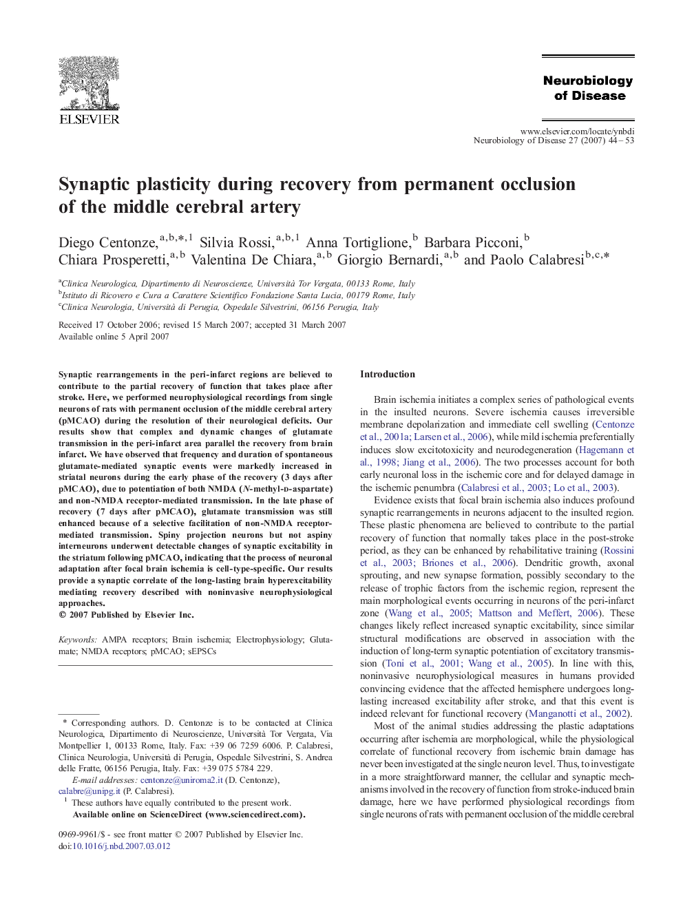 عکس صفحه اول مقاله: Synaptic plasticity during recovery from permanent occlusion of the middle cerebral artery Synaptic plasticity during recovery from permanent occlusion of the middle cerebral artery