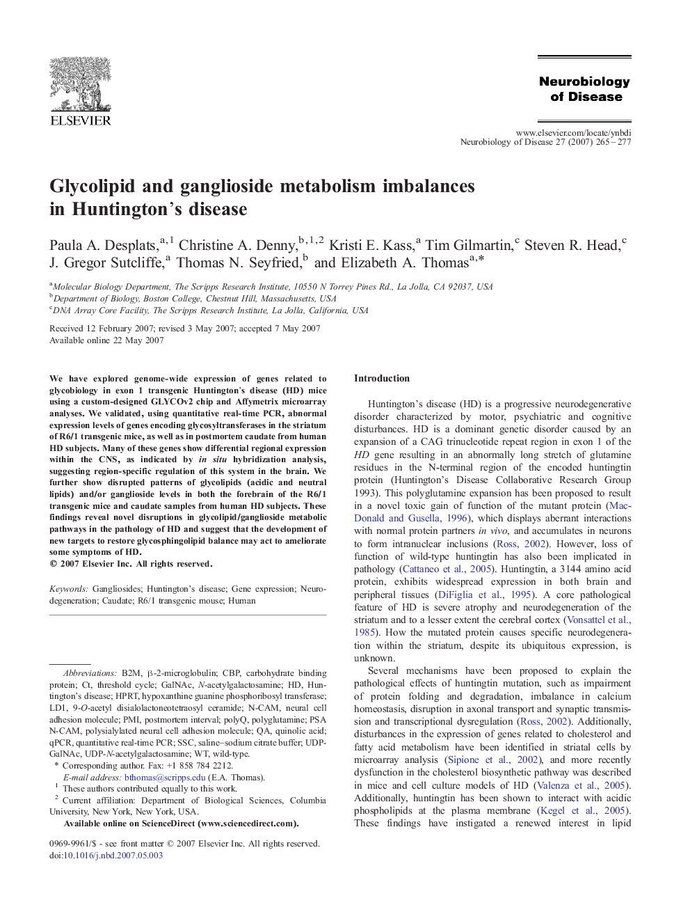 Glycolipid and ganglioside metabolism imbalances in Huntington's disease