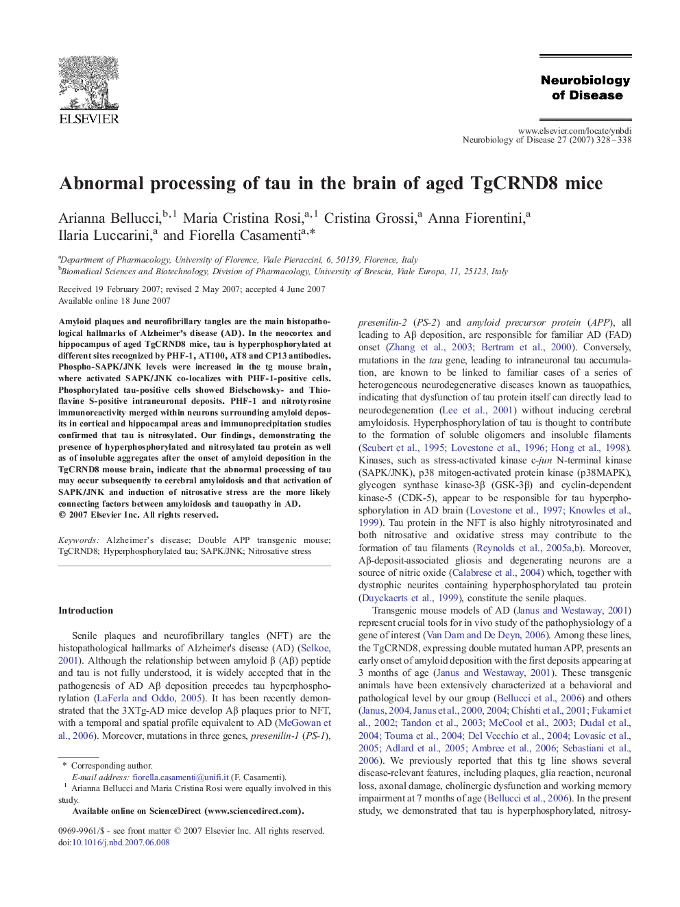 Abnormal processing of tau in the brain of aged TgCRND8 mice