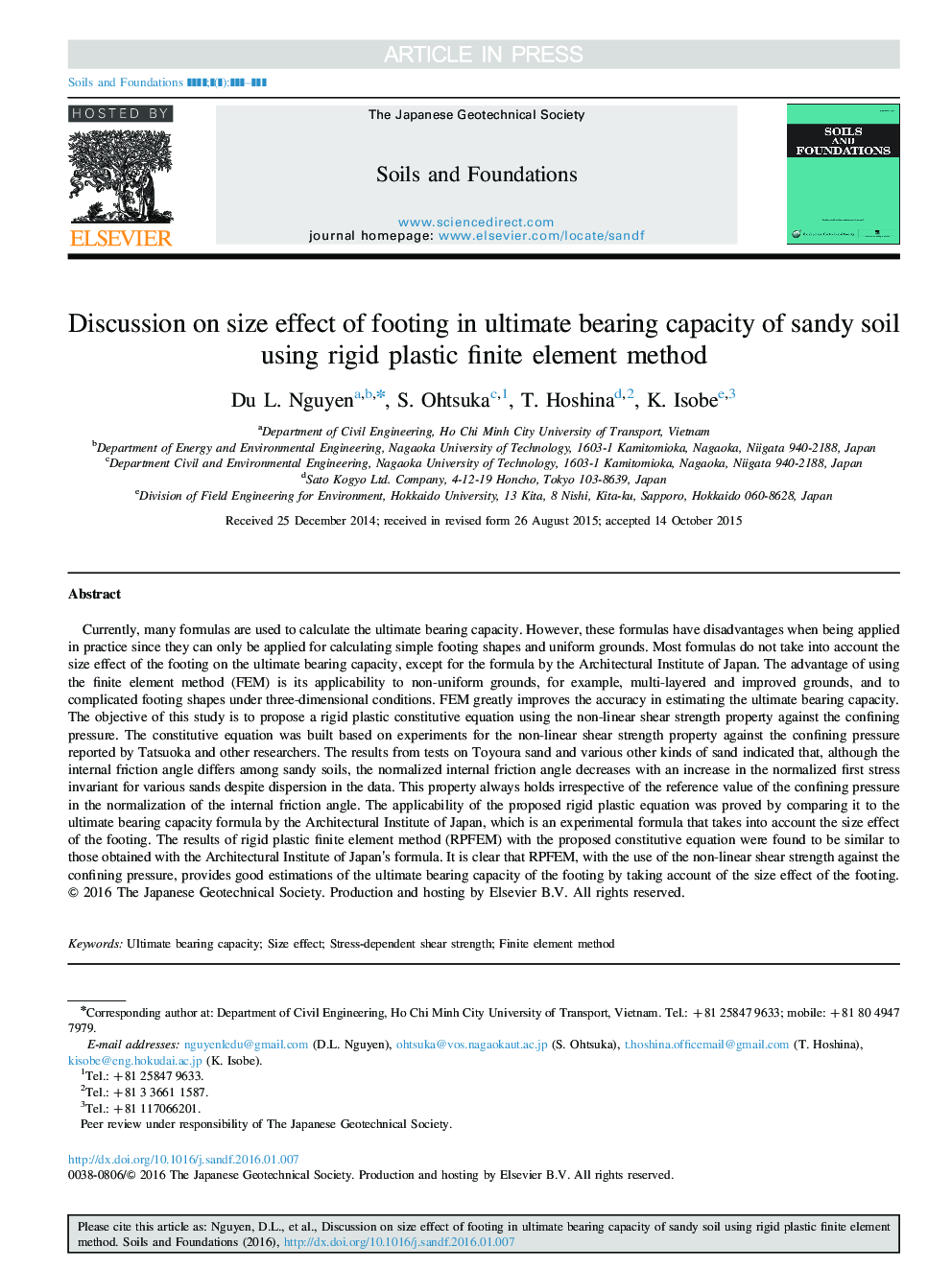 Discussion on size effect of footing in ultimate bearing capacity of sandy soil using rigid plastic finite element method