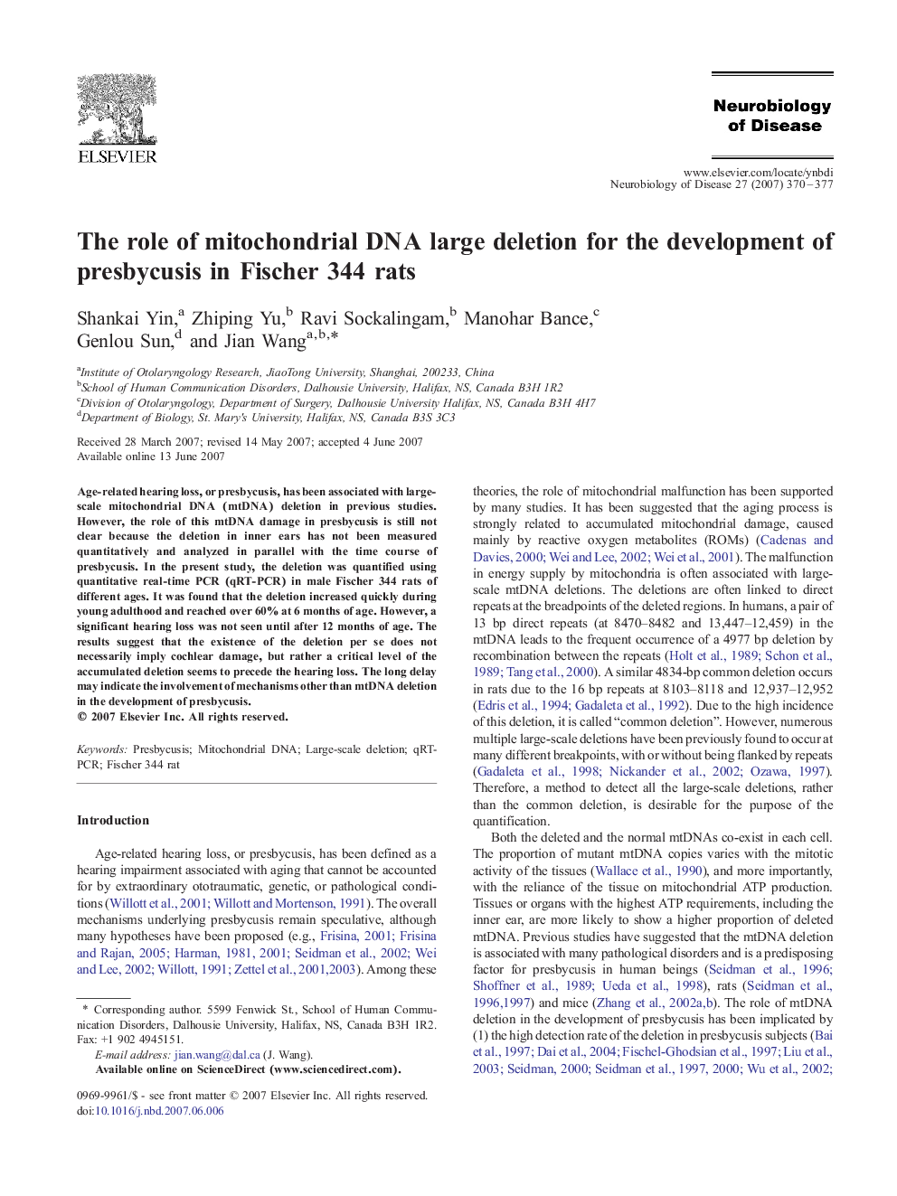 The role of mitochondrial DNA large deletion for the development of presbycusis in Fischer 344 rats