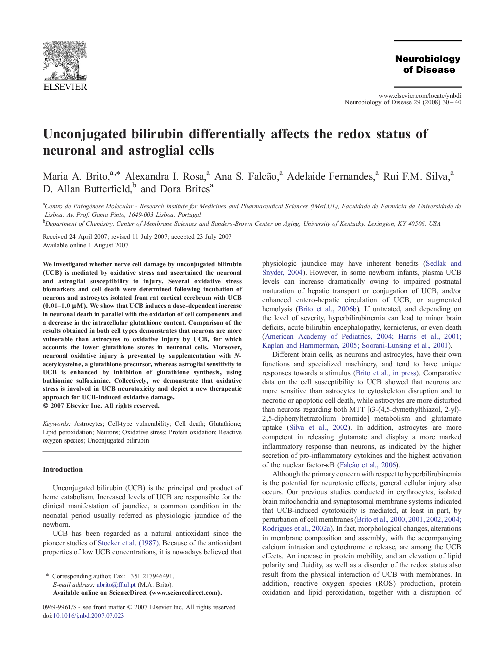 Unconjugated bilirubin differentially affects the redox status of neuronal and astroglial cells