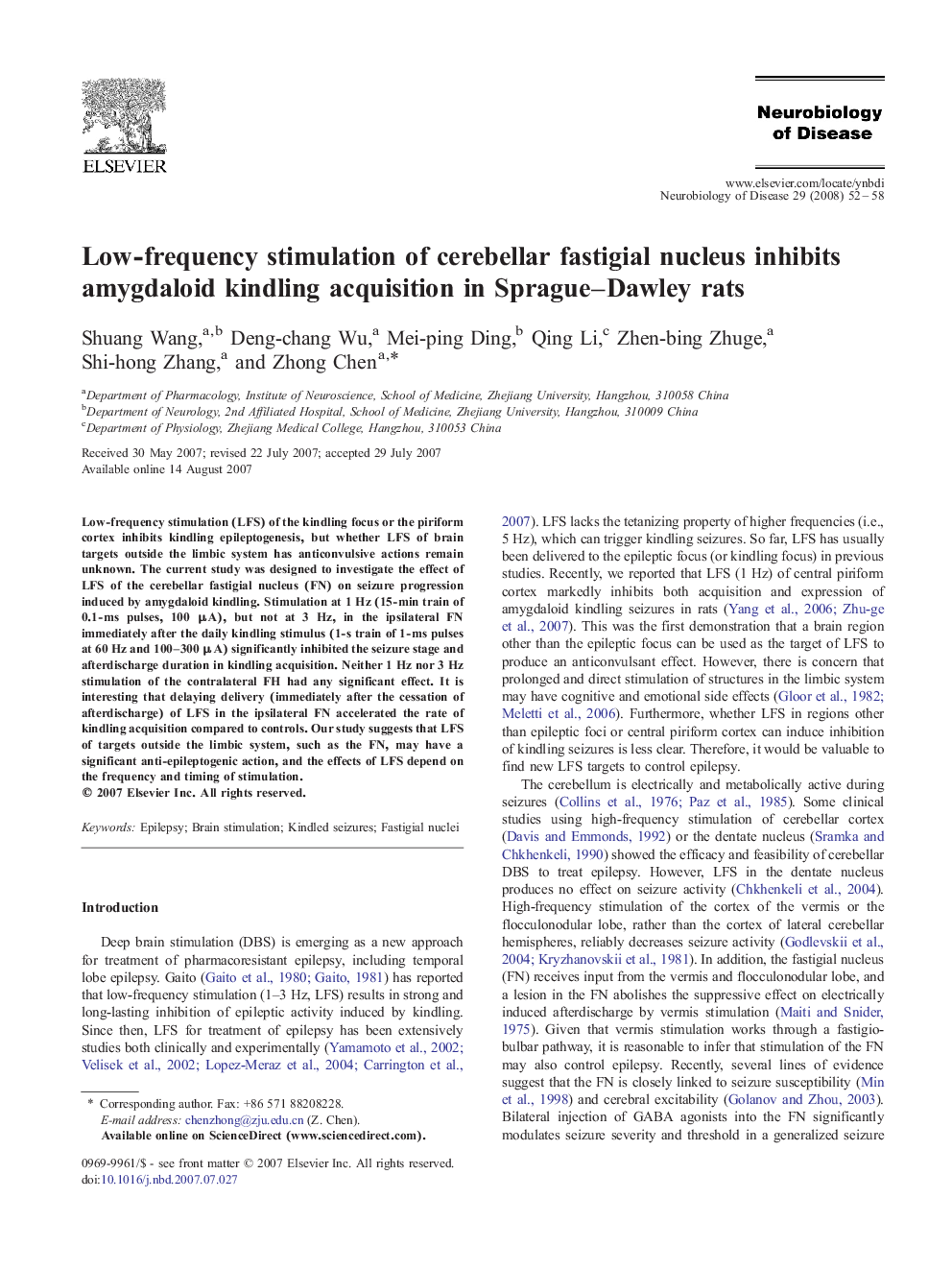 Low-frequency stimulation of cerebellar fastigial nucleus inhibits amygdaloid kindling acquisition in Sprague–Dawley rats