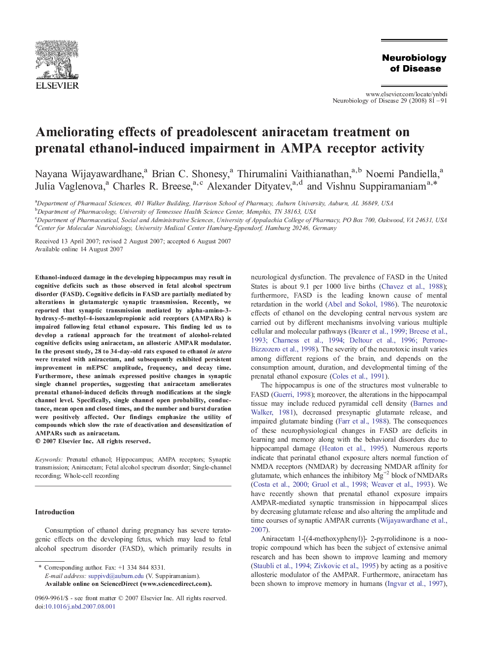 Ameliorating effects of preadolescent aniracetam treatment on prenatal ethanol-induced impairment in AMPA receptor activity