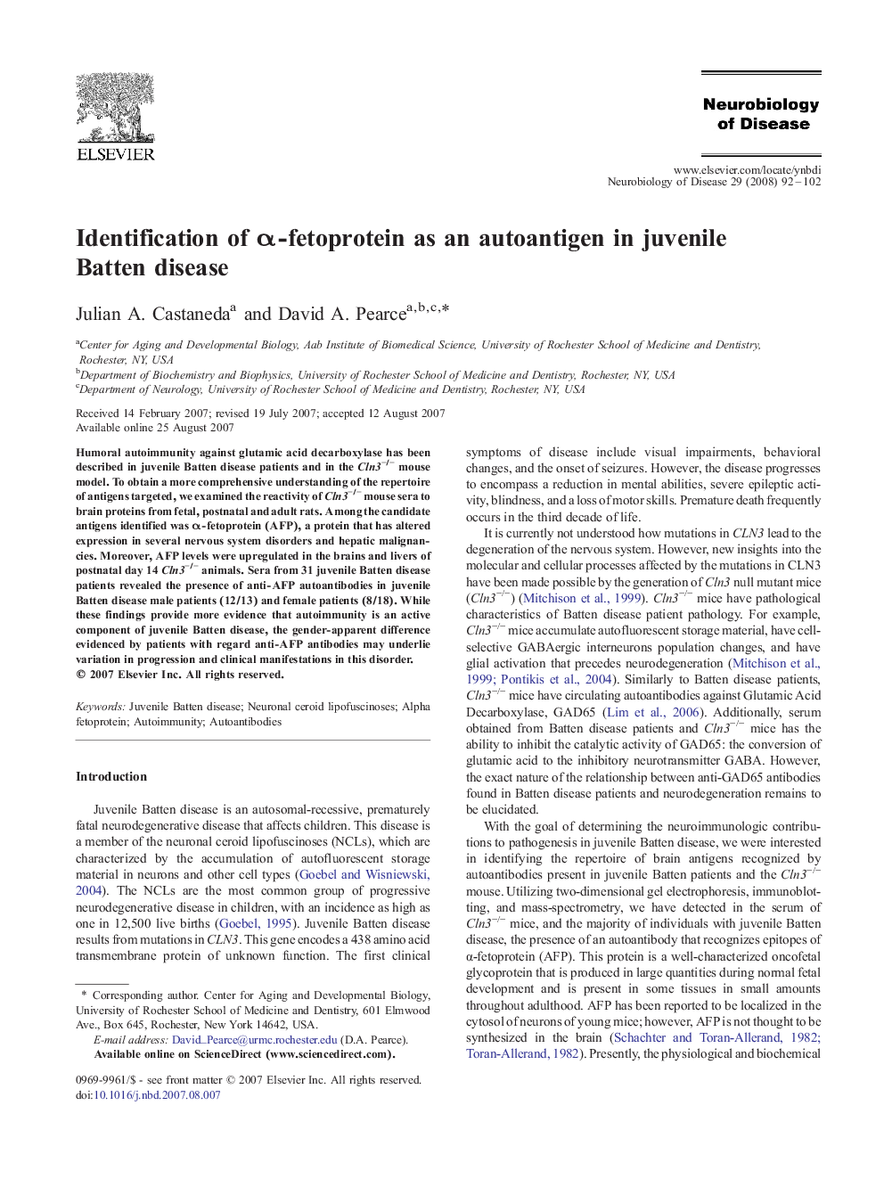 Identification of α-fetoprotein as an autoantigen in juvenile Batten disease