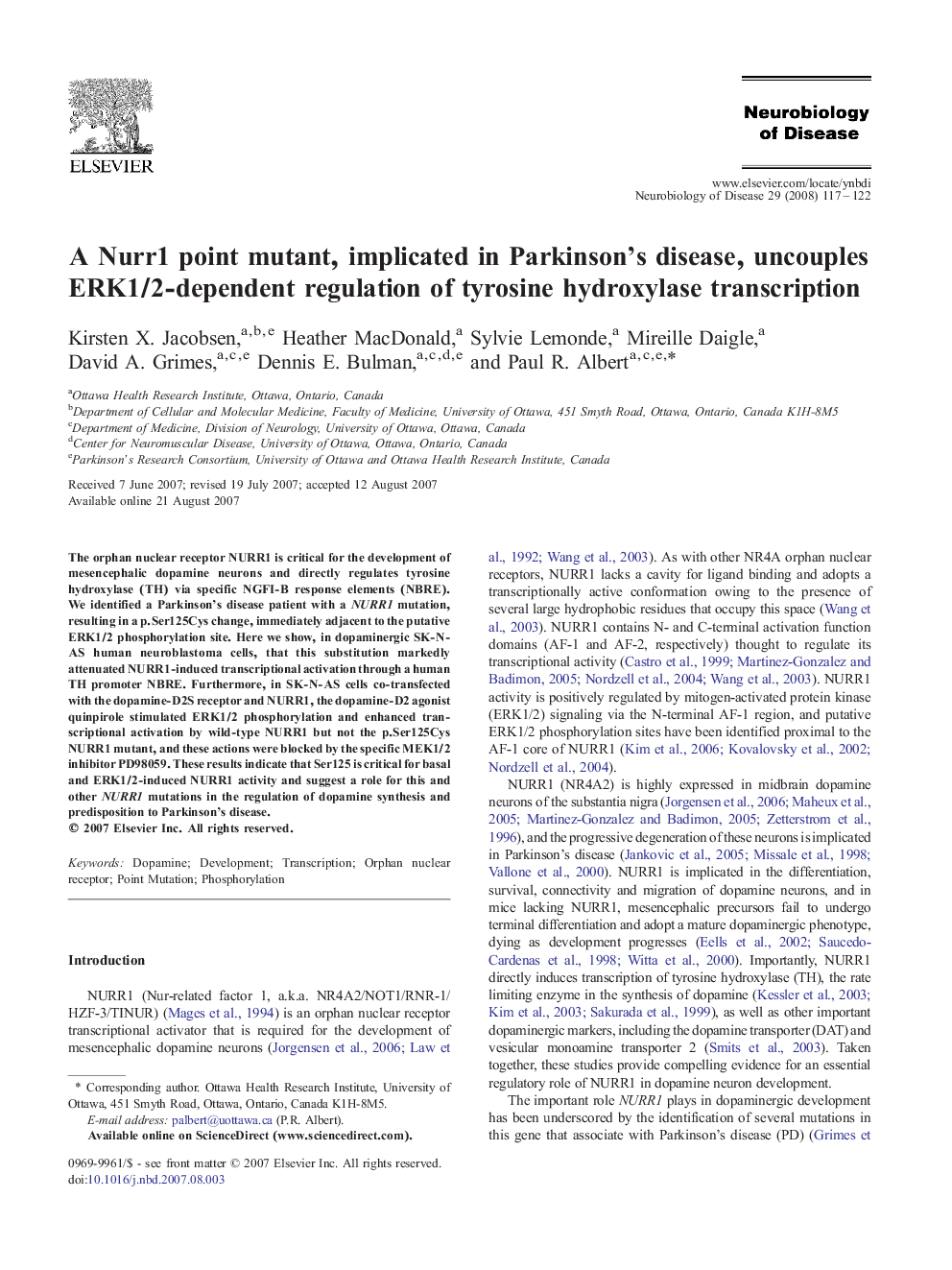 A Nurr1 point mutant, implicated in Parkinson’s disease, uncouples ERK1/2-dependent regulation of tyrosine hydroxylase transcription