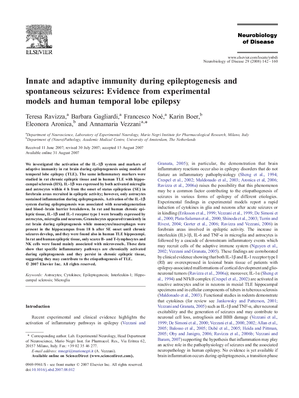 Innate and adaptive immunity during epileptogenesis and spontaneous seizures: Evidence from experimental models and human temporal lobe epilepsy