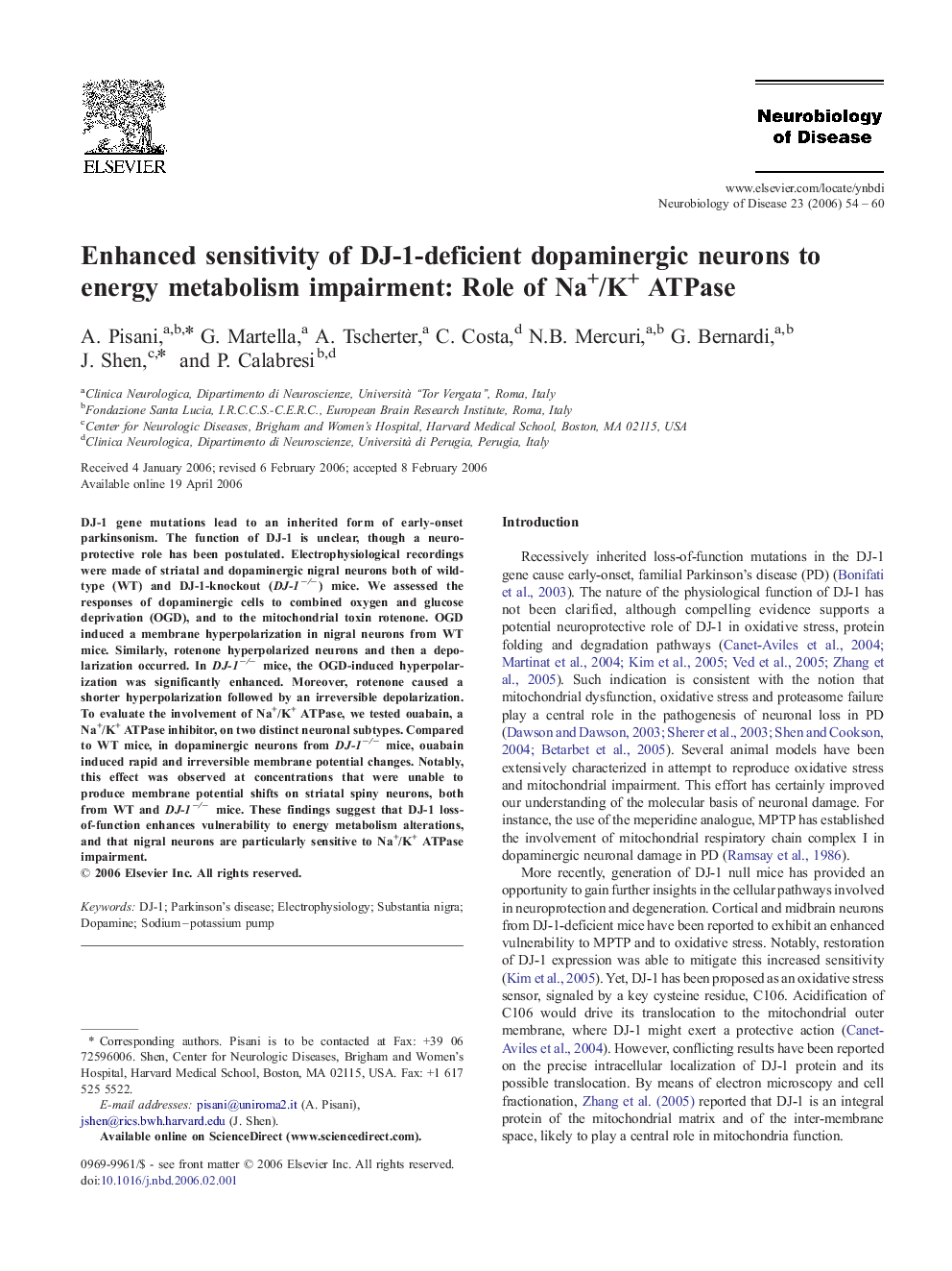 Enhanced sensitivity of DJ-1-deficient dopaminergic neurons to energy metabolism impairment: Role of Na+/K+ ATPase