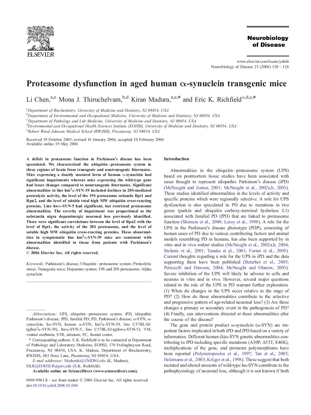 Proteasome dysfunction in aged human α-synuclein transgenic mice