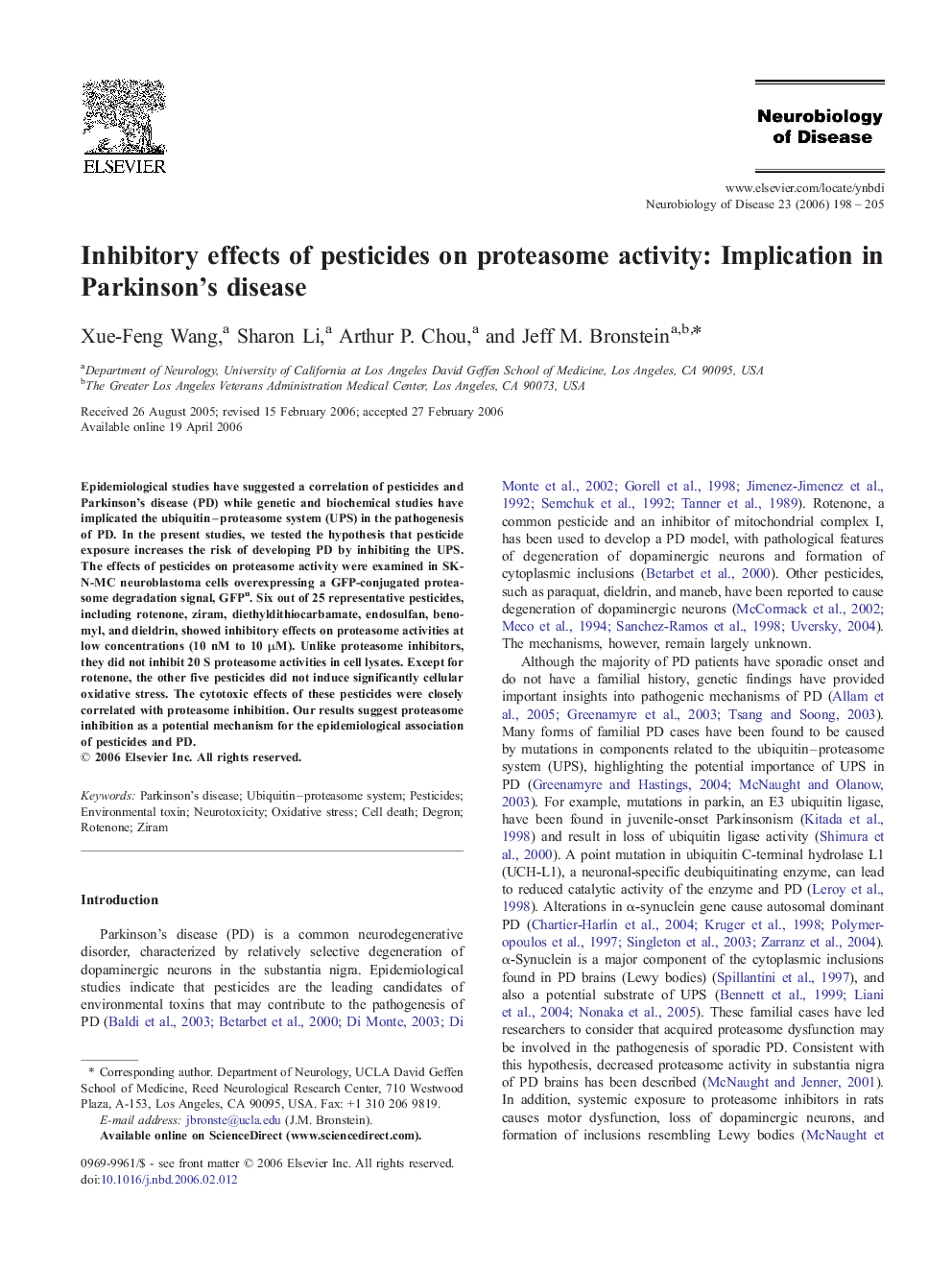 Inhibitory effects of pesticides on proteasome activity: Implication in Parkinson's disease