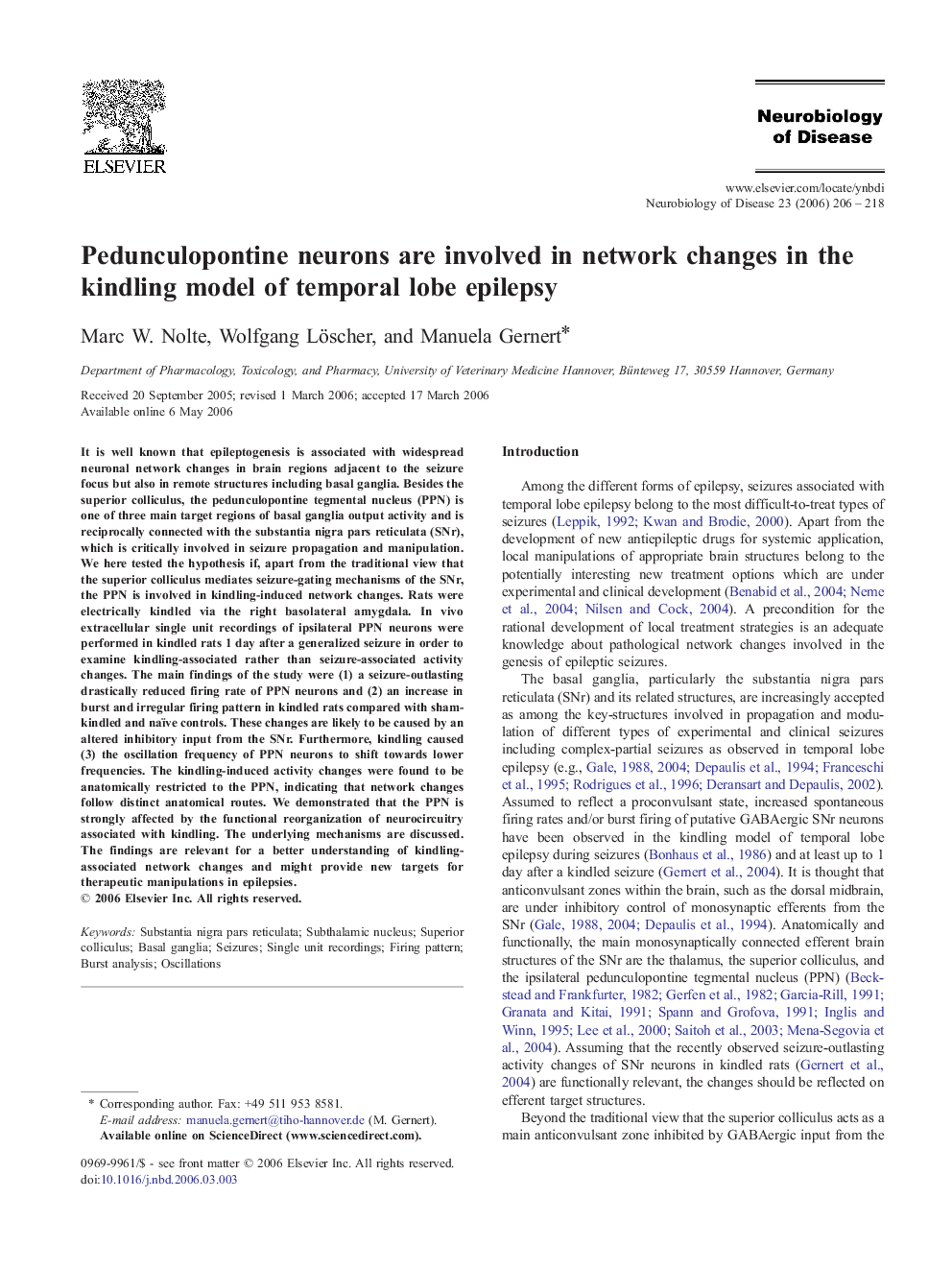 Pedunculopontine neurons are involved in network changes in the kindling model of temporal lobe epilepsy