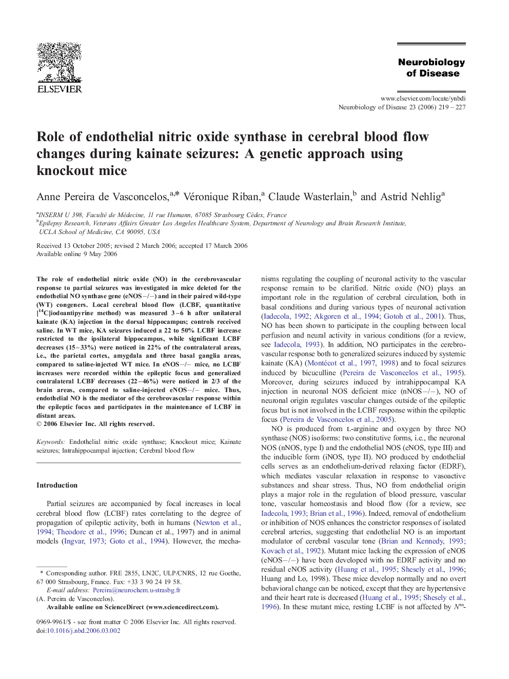 Role of endothelial nitric oxide synthase in cerebral blood flow changes during kainate seizures: A genetic approach using knockout mice