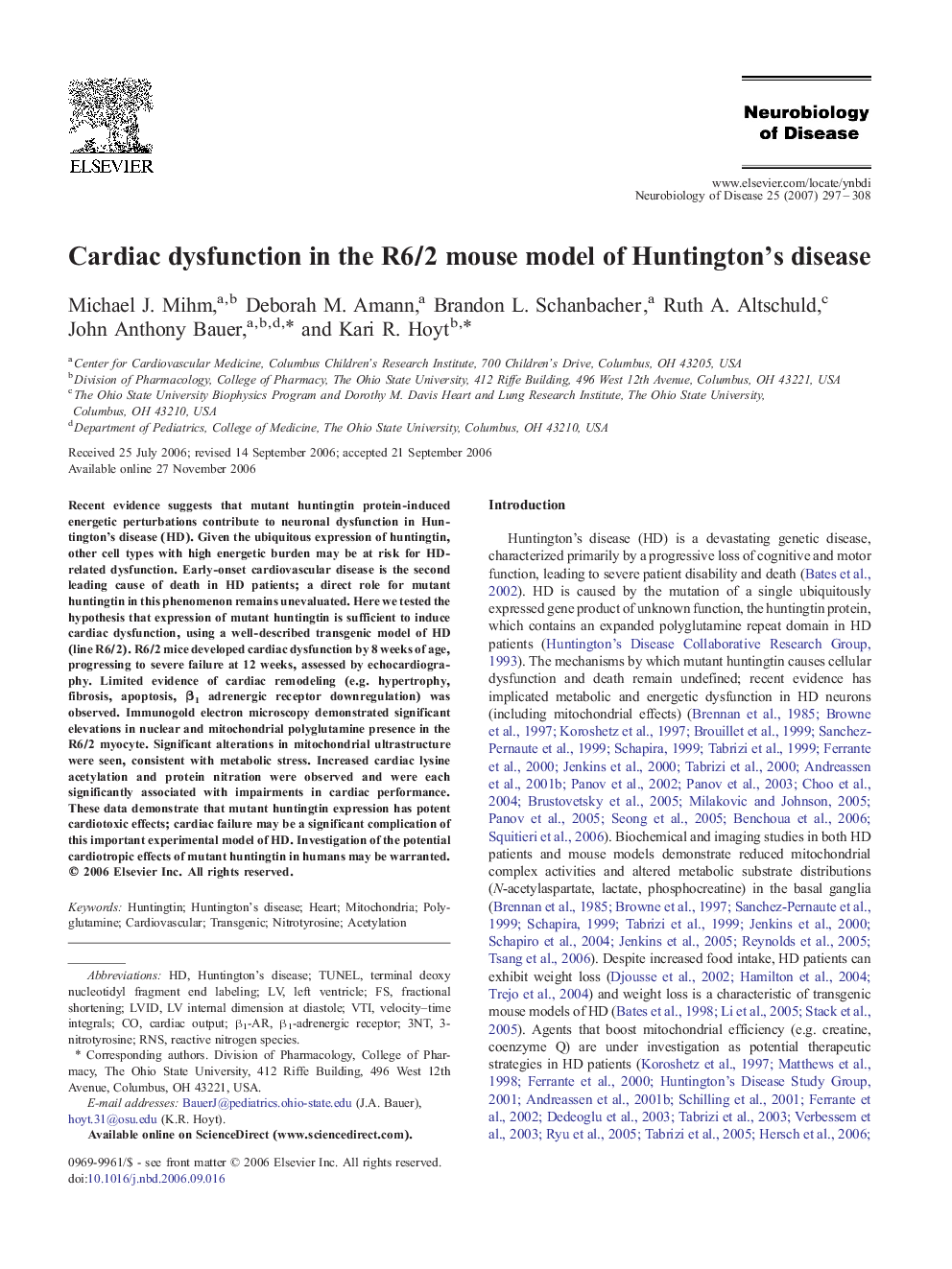 Cardiac dysfunction in the R6/2 mouse model of Huntington’s disease