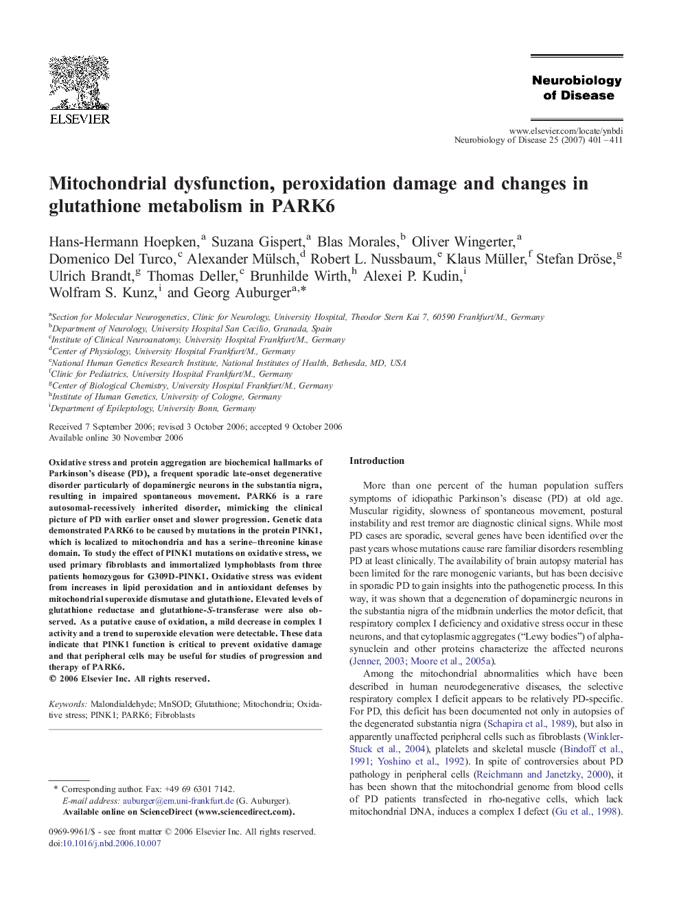 Mitochondrial dysfunction, peroxidation damage and changes in glutathione metabolism in PARK6