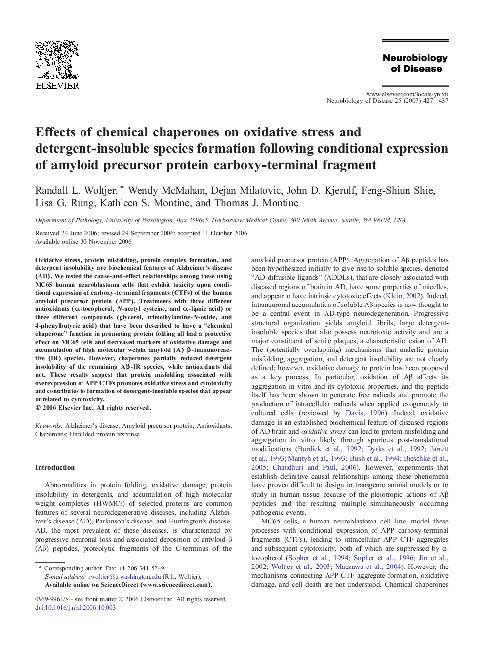 Effects of chemical chaperones on oxidative stress and detergent-insoluble species formation following conditional expression of amyloid precursor protein carboxy-terminal fragment