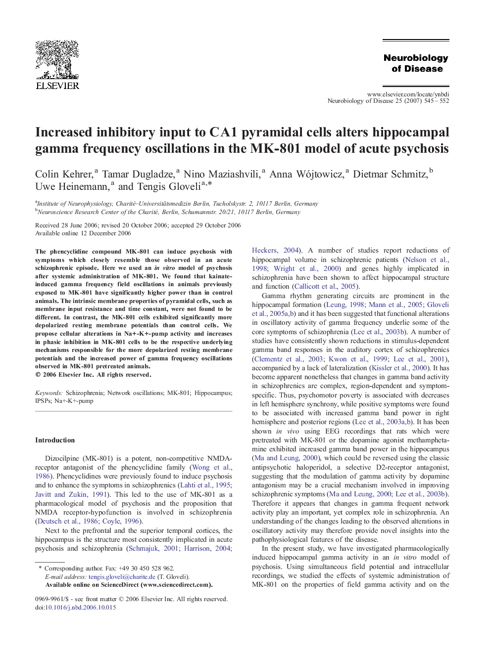 عکس صفحه اول مقاله: Increased inhibitory input to CA1 pyramidal cells alters hippocampal gamma frequency oscillations in the MK-801 model of acute psychosis Increased inhibitory input to CA1 pyramidal cells alters hippocampal gamma frequency oscillations in the MK-801 model of acute psychosis