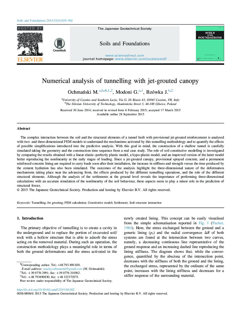 Numerical analysis of tunnelling with jet-grouted canopy