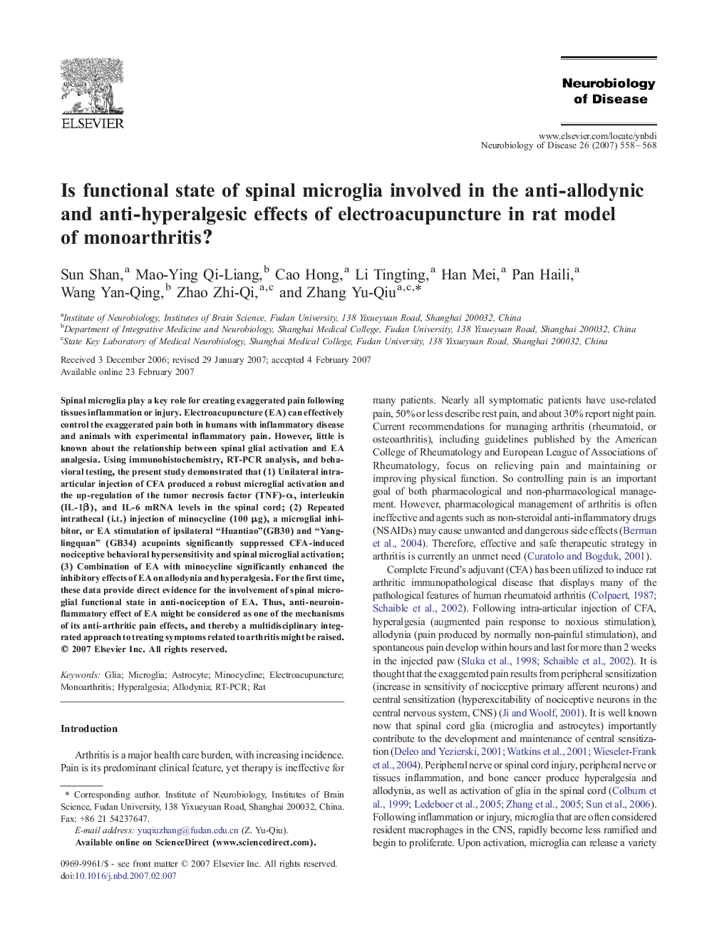 Is functional state of spinal microglia involved in the anti-allodynic and anti-hyperalgesic effects of electroacupuncture in rat model of monoarthritis?