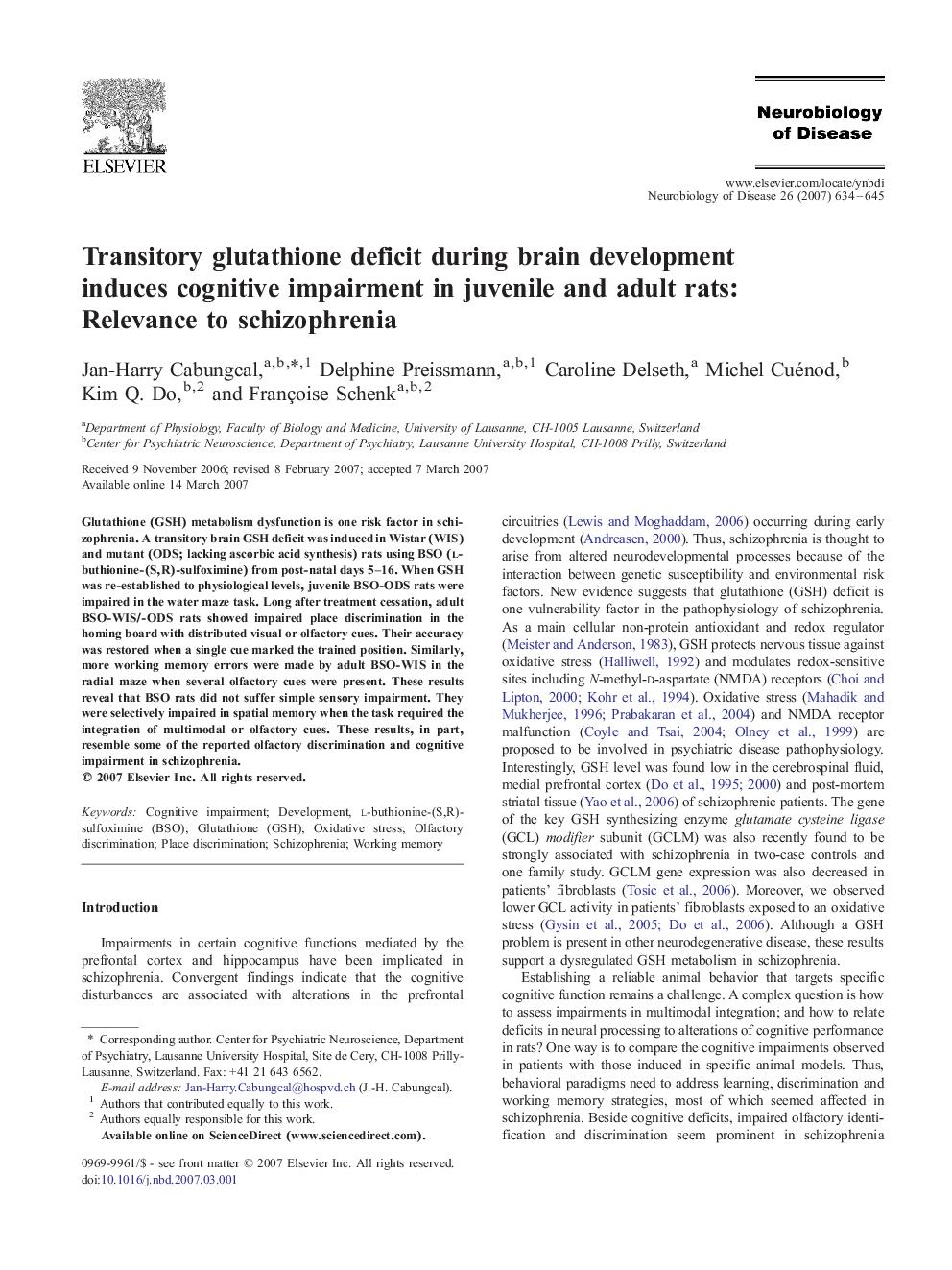 Transitory glutathione deficit during brain development induces cognitive impairment in juvenile and adult rats: Relevance to schizophrenia