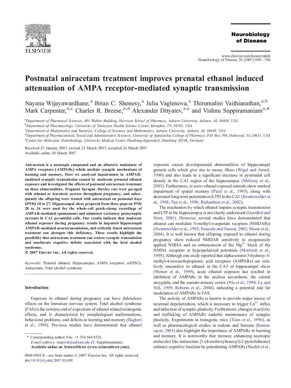 Postnatal aniracetam treatment improves prenatal ethanol induced attenuation of AMPA receptor-mediated synaptic transmission