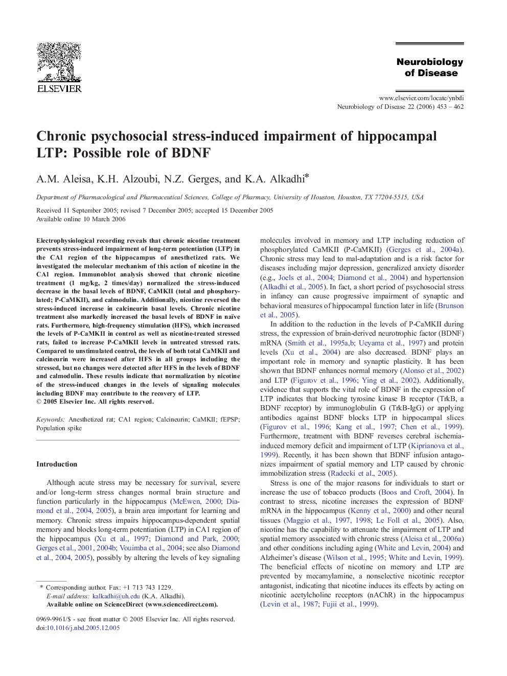 Chronic psychosocial stress-induced impairment of hippocampal LTP: Possible role of BDNF