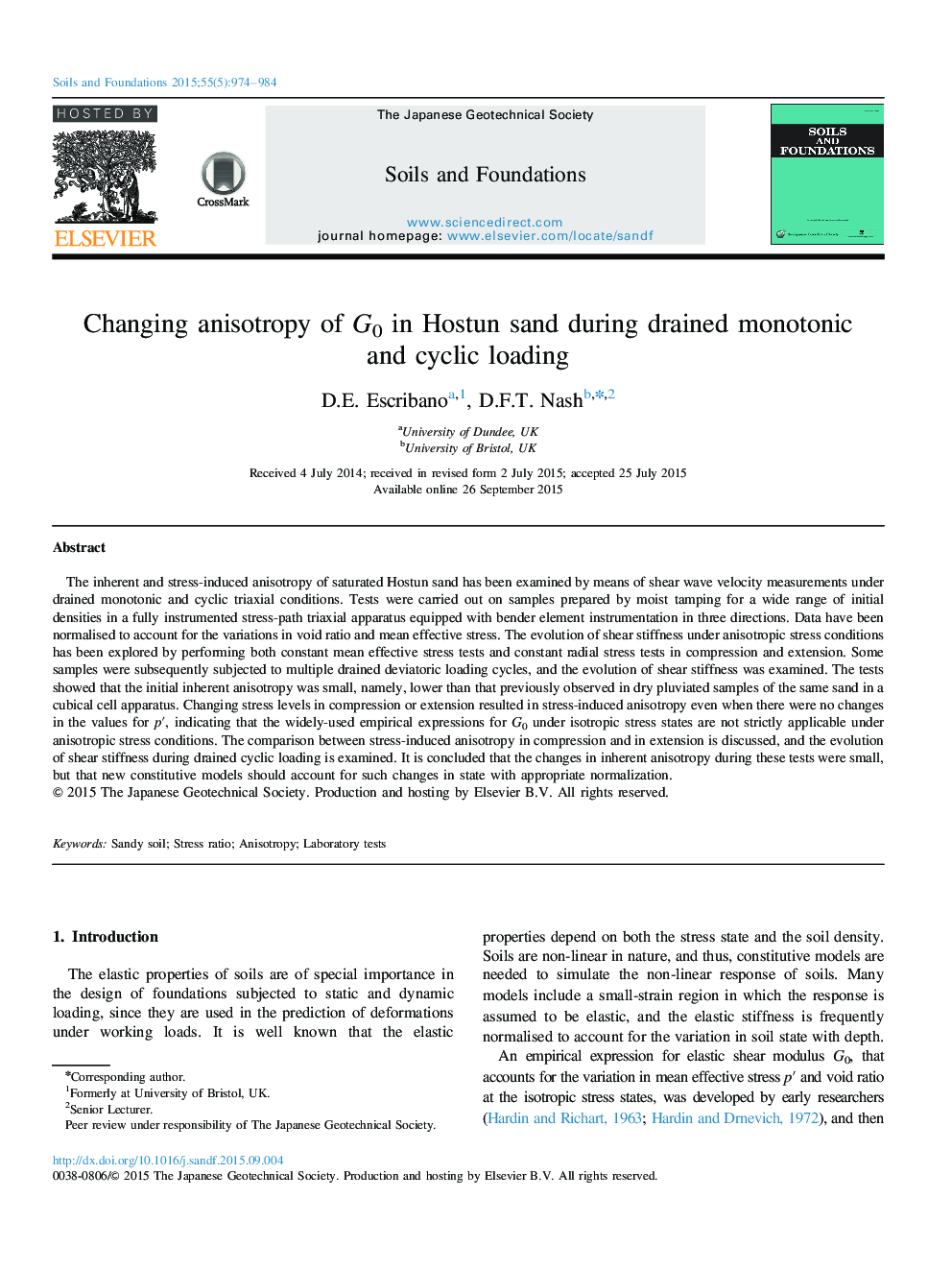 Changing anisotropy of G0 in Hostun sand during drained monotonic and cyclic loading