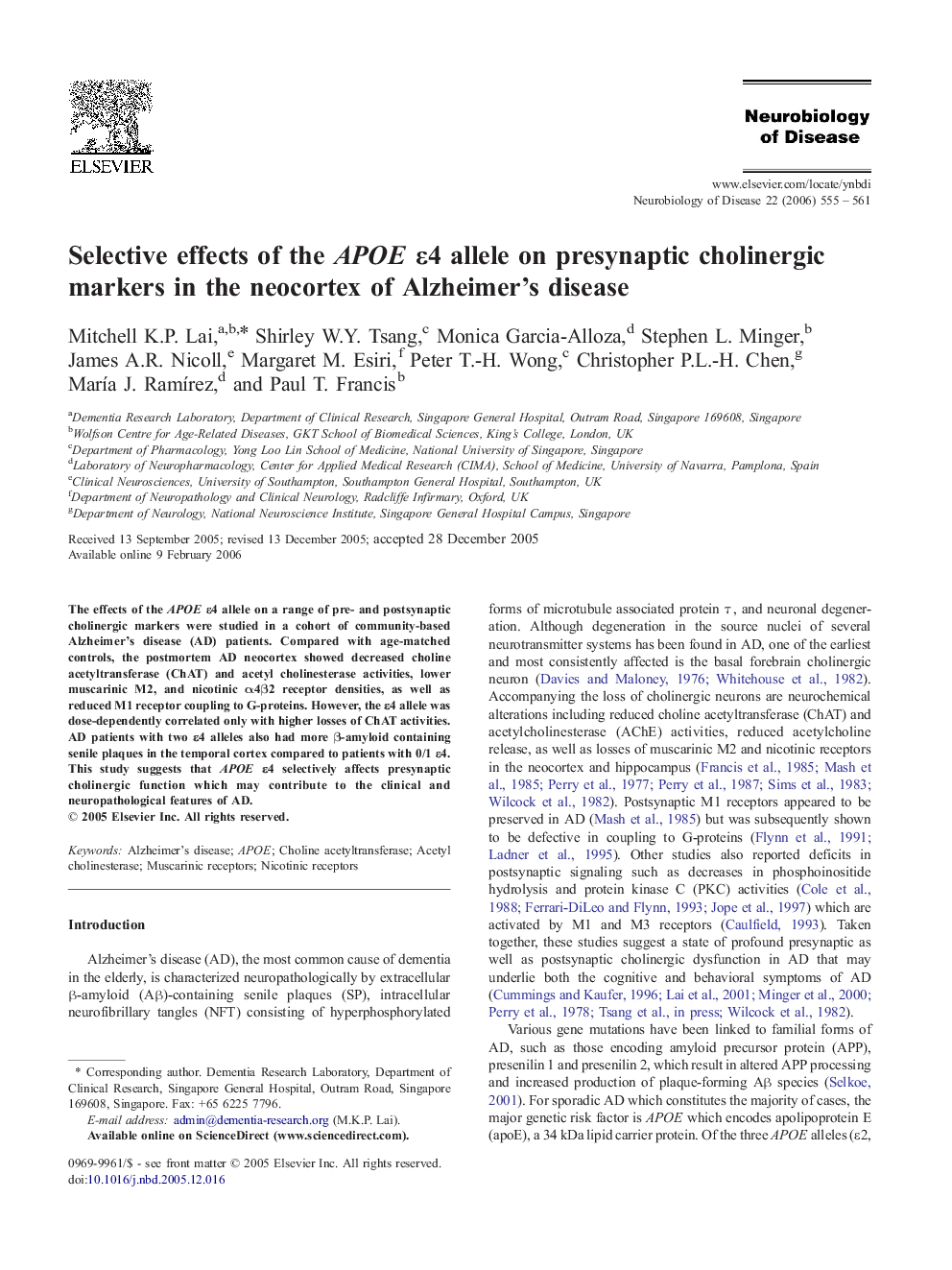 Selective effects of the APOE ε4 allele on presynaptic cholinergic markers in the neocortex of Alzheimer's disease