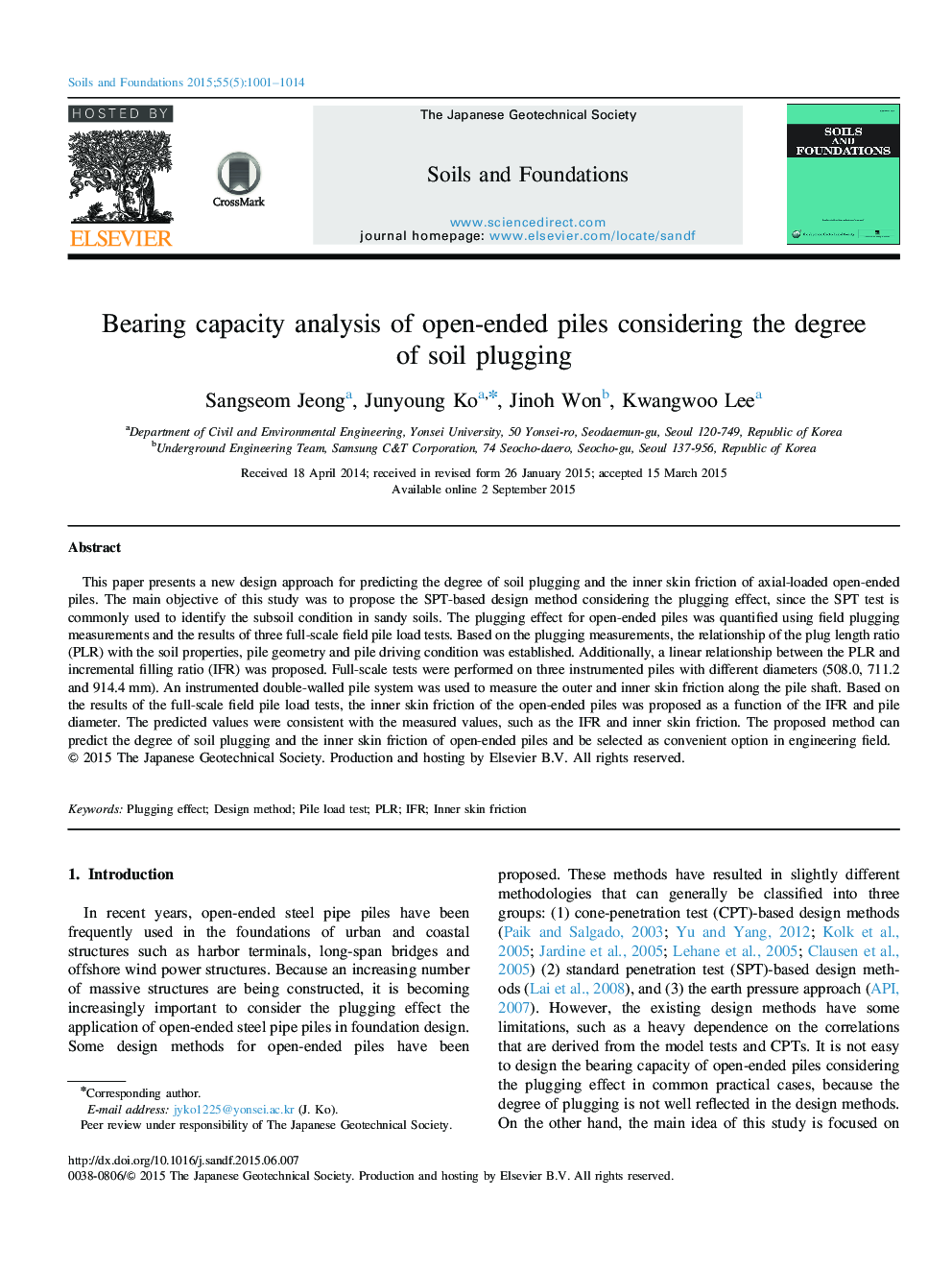 Bearing capacity analysis of open-ended piles considering the degree of soil plugging