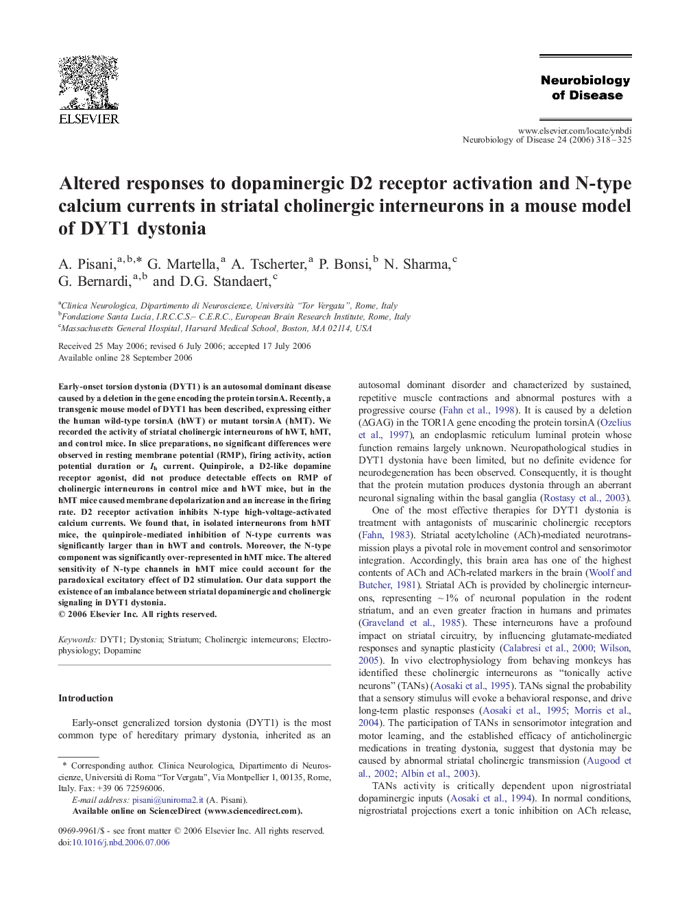 Altered responses to dopaminergic D2 receptor activation and N-type calcium currents in striatal cholinergic interneurons in a mouse model of DYT1 dystonia