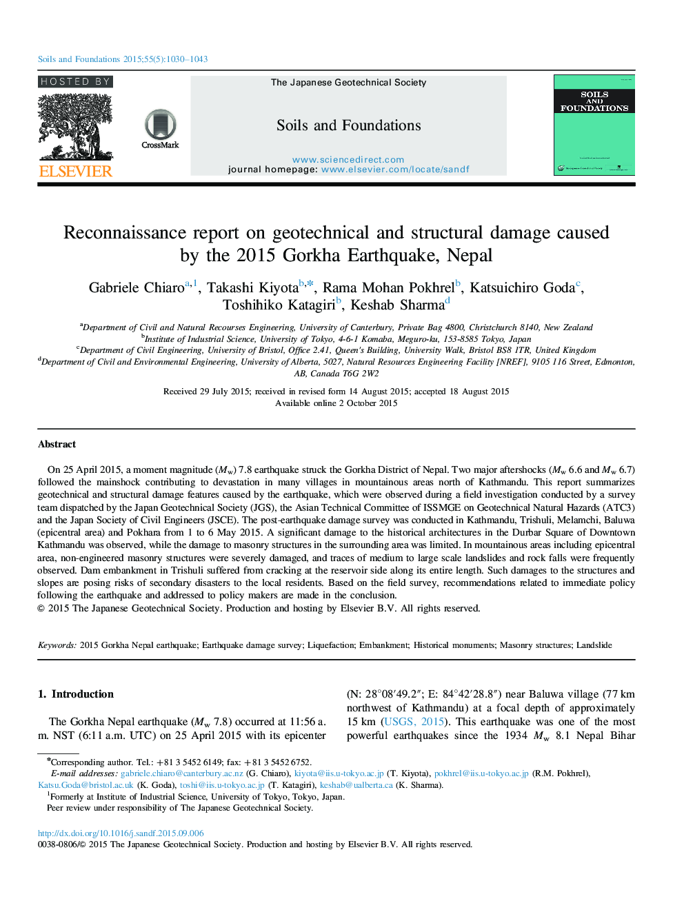 Reconnaissance report on geotechnical and structural damage caused by the 2015 Gorkha Earthquake, Nepal 