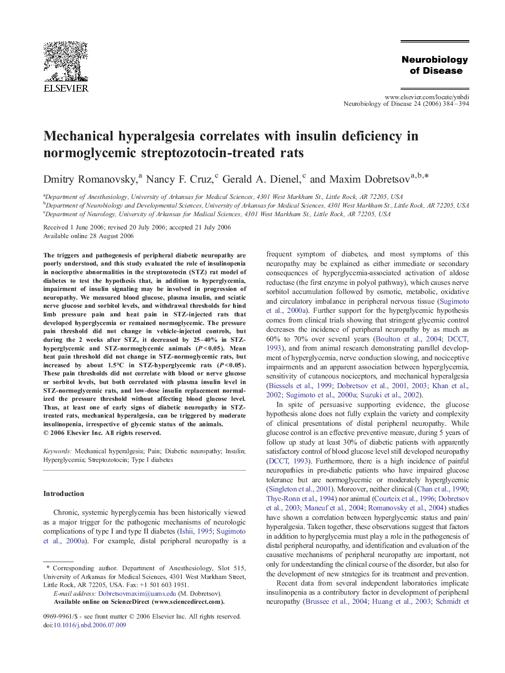 Mechanical hyperalgesia correlates with insulin deficiency in normoglycemic streptozotocin-treated rats