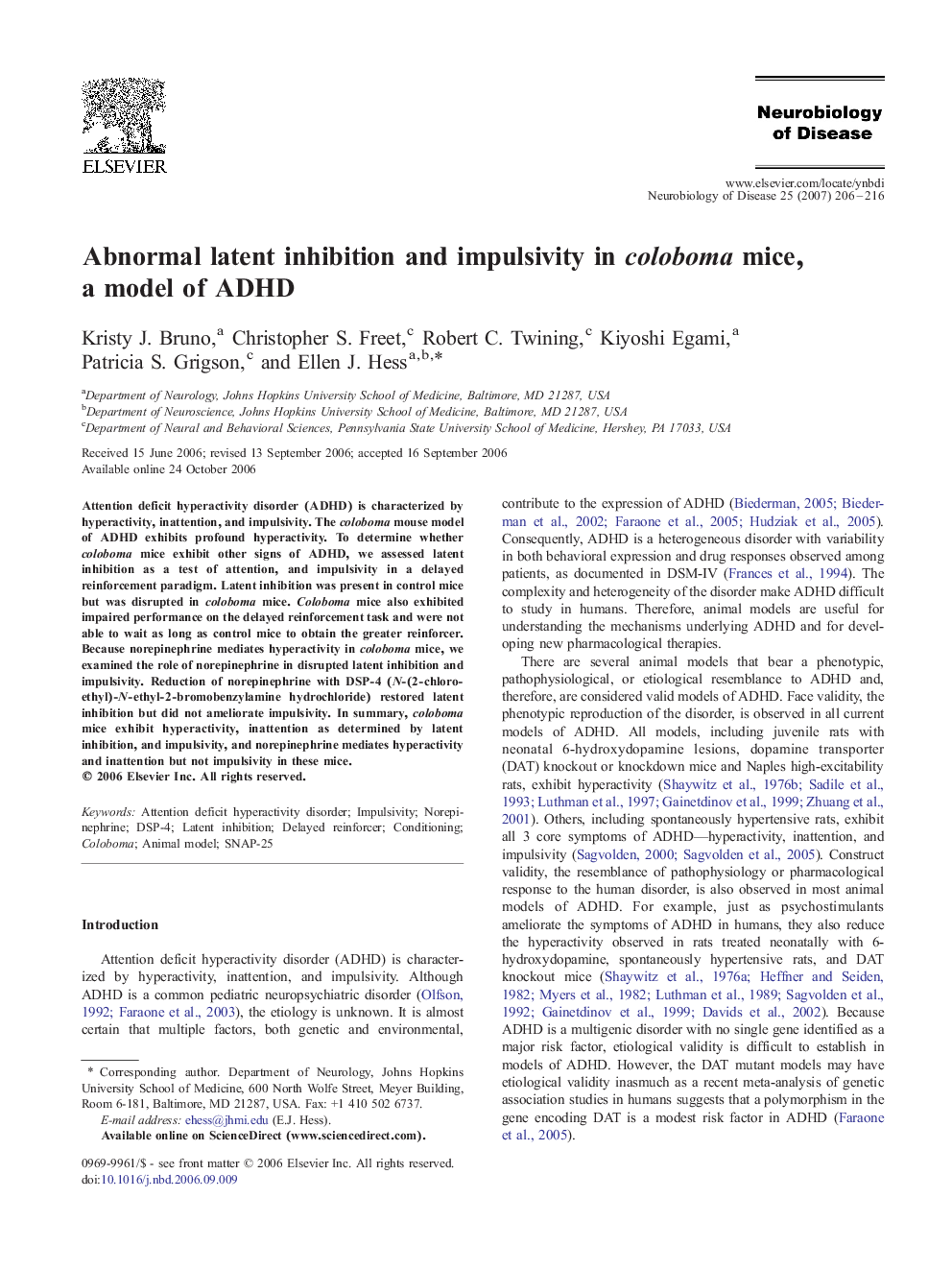 Abnormal latent inhibition and impulsivity in coloboma mice, a model of ADHD