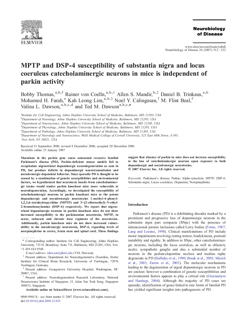 MPTP and DSP-4 susceptibility of substantia nigra and locus coeruleus catecholaminergic neurons in mice is independent of parkin activity