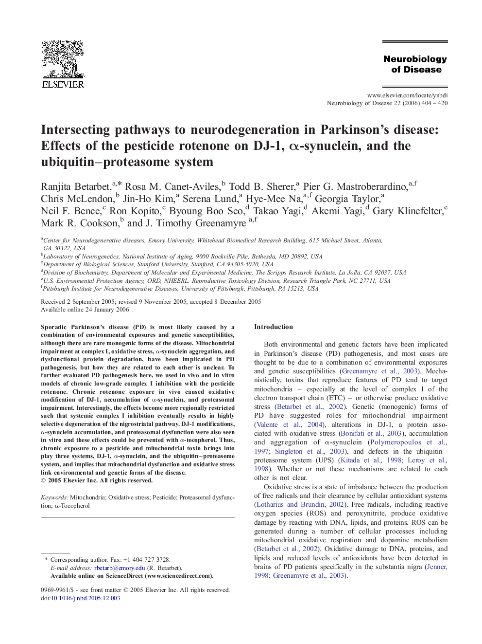 Intersecting pathways to neurodegeneration in Parkinson's disease: Effects of the pesticide rotenone on DJ-1, α-synuclein, and the ubiquitin–proteasome system