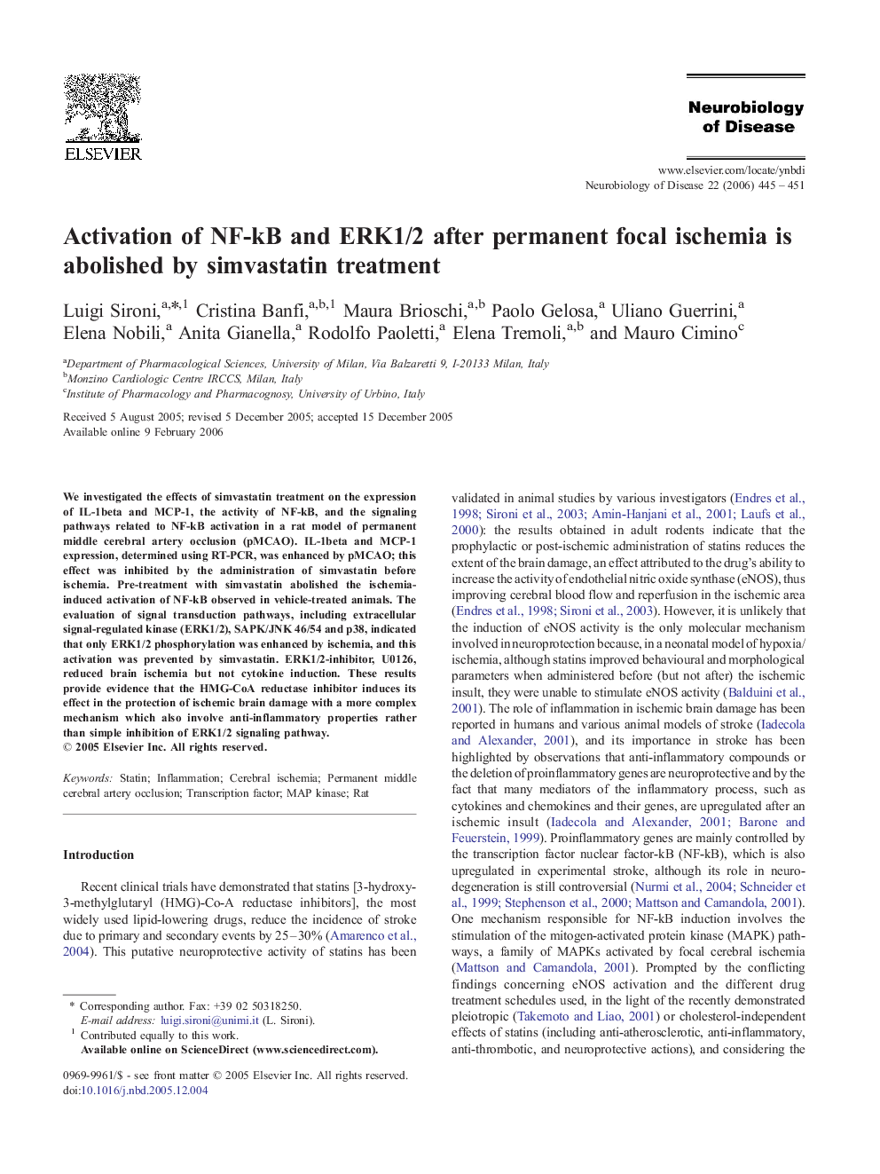 Activation of NF-kB and ERK1/2 after permanent focal ischemia is abolished by simvastatin treatment