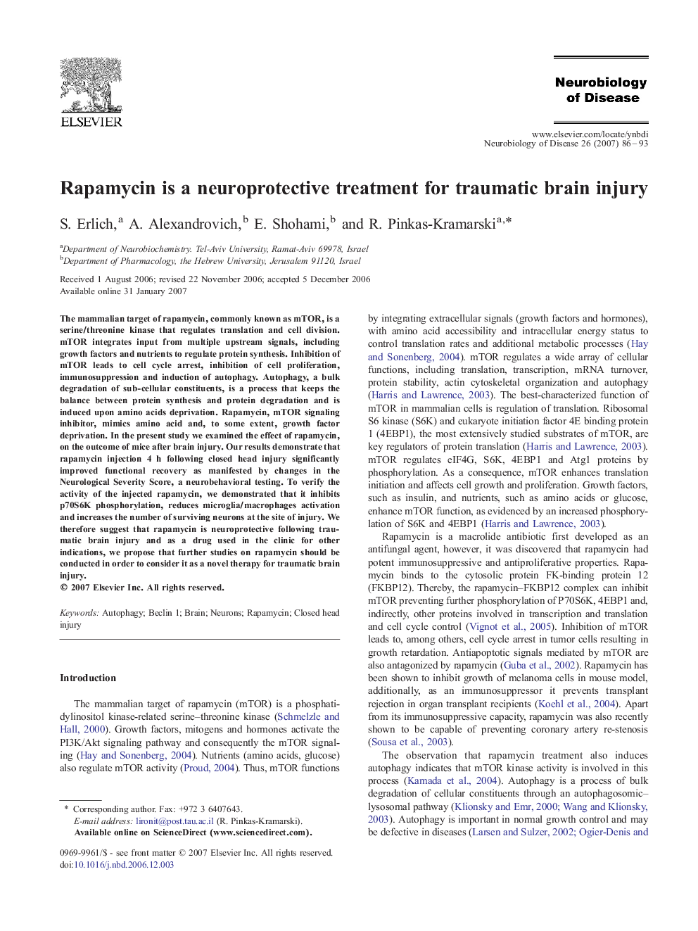 Rapamycin is a neuroprotective treatment for traumatic brain injury