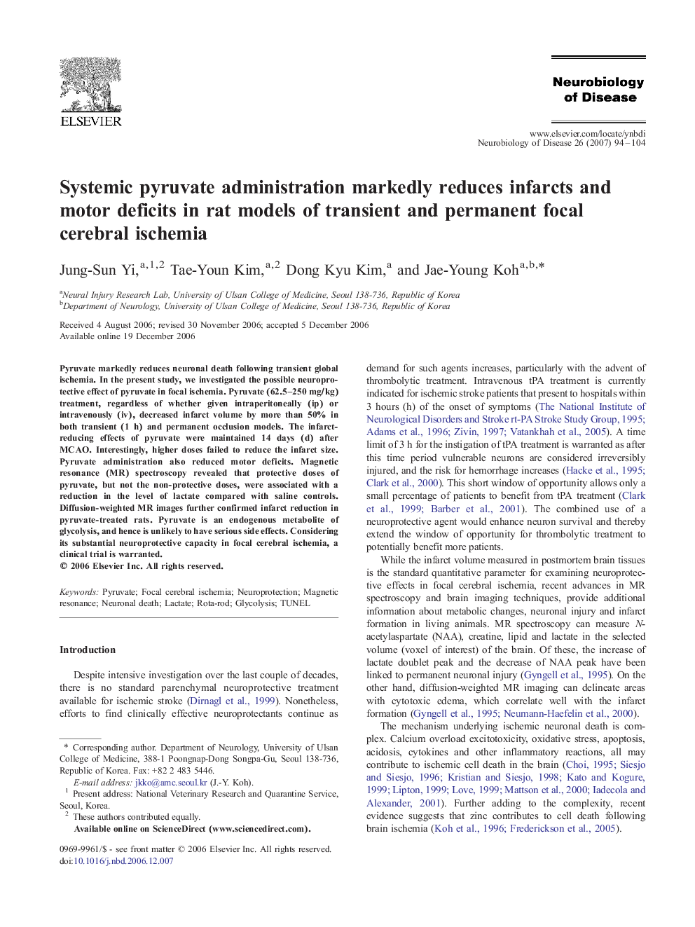 Systemic pyruvate administration markedly reduces infarcts and motor deficits in rat models of transient and permanent focal cerebral ischemia