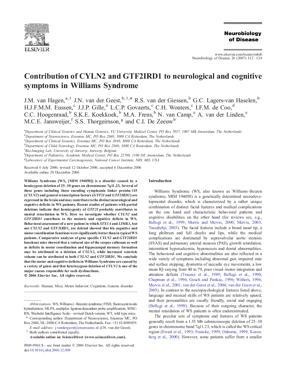 Contribution of CYLN2 and GTF2IRD1 to neurological and cognitive symptoms in Williams Syndrome