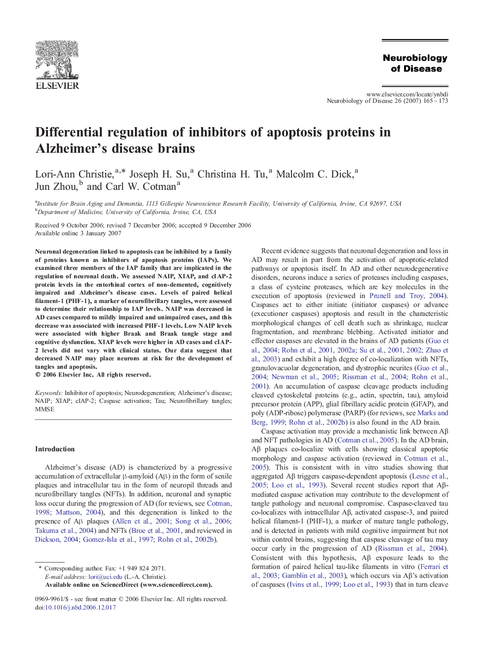 Differential regulation of inhibitors of apoptosis proteins in Alzheimer’s disease brains